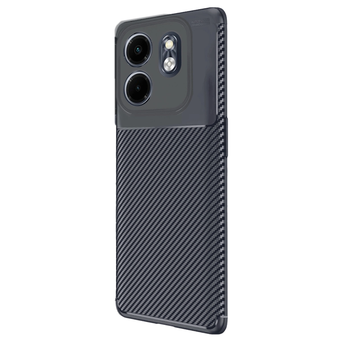 Karbon fiber dokulu siyah telefon kılıfı ve kamera kesiti.