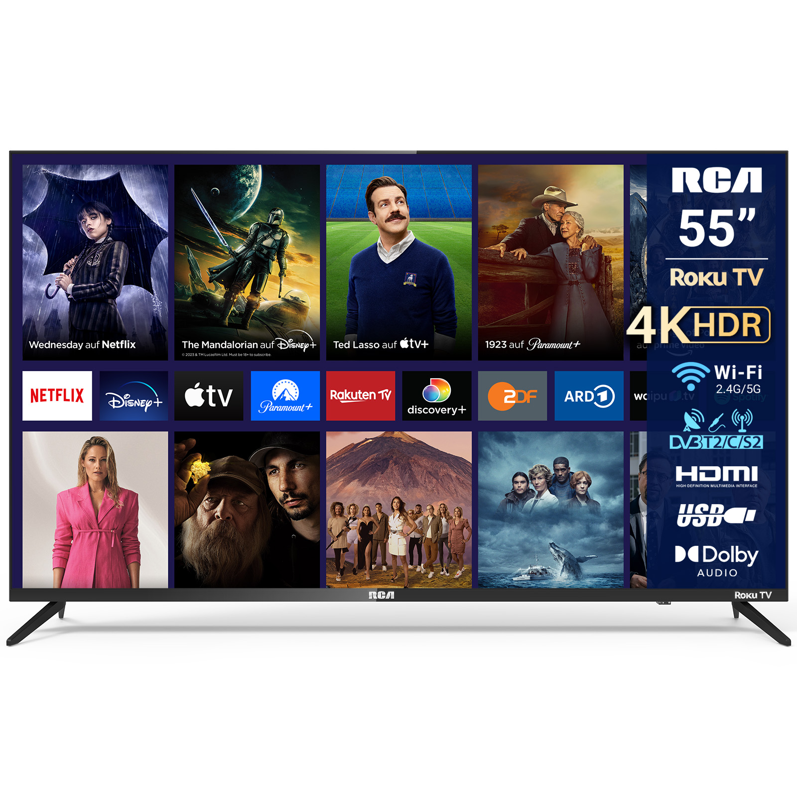 RCA 55 Zoll Roku TV mit 4K HDR Anzeige vieler Streaming-Apps.