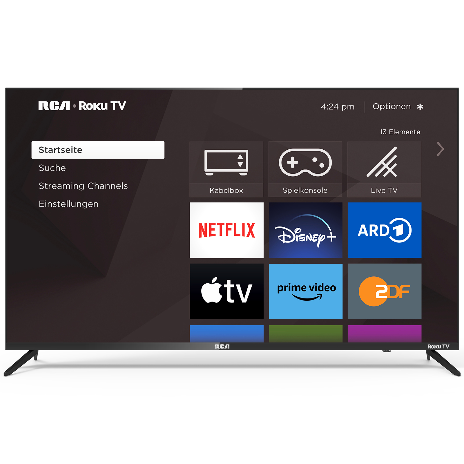 RCA Roku TV Startseite mit Apps wie Netflix, Disney+, Live TV und mehr.