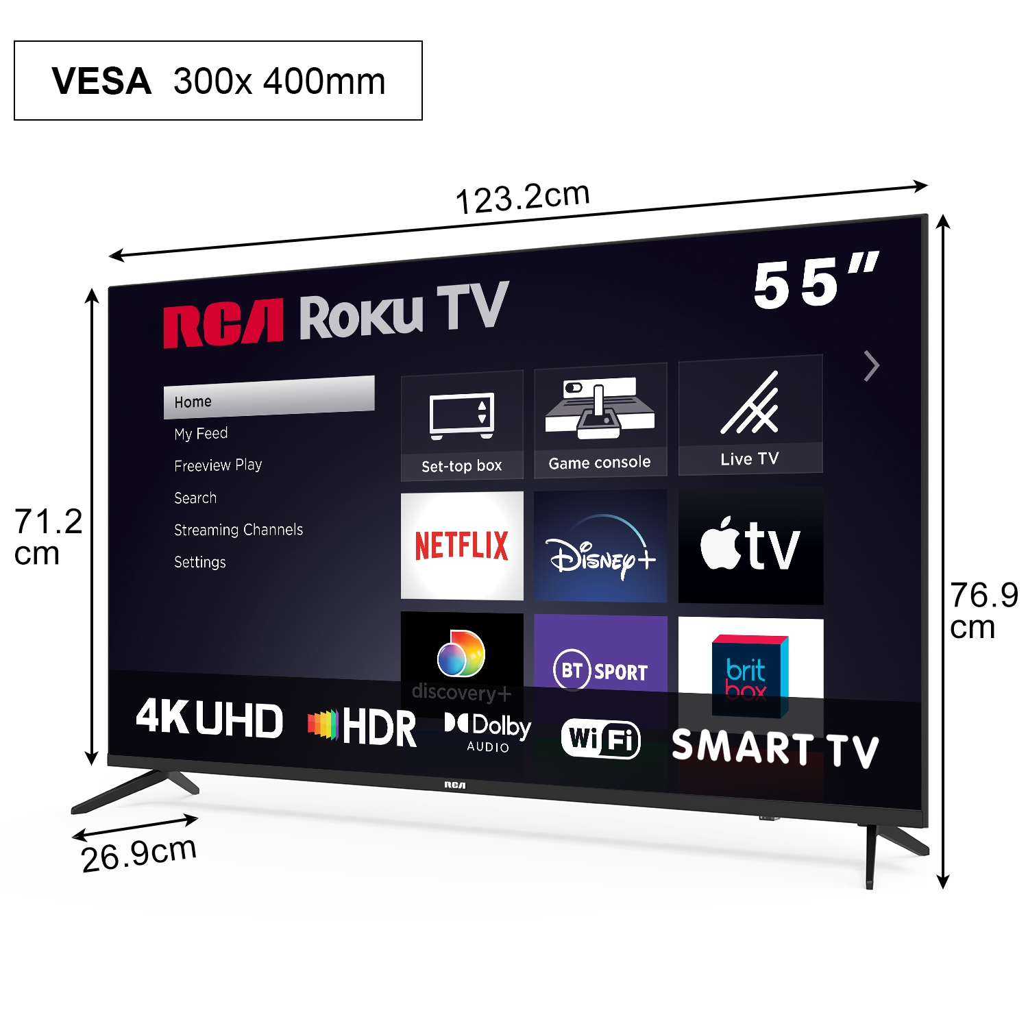 55-Zoll RCA Roku Smart TV mit 4K UHD, HDR und Apps. Maße: 123,2 x 76,9 x 26,9 cm.