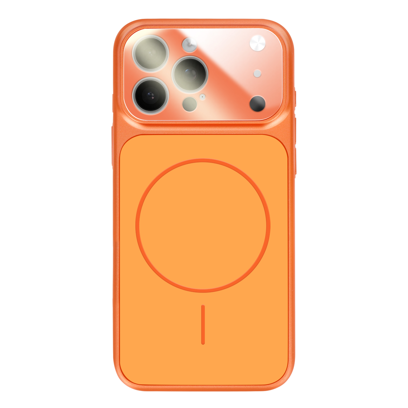 Custodia per telefono arancione con modulo fotocamera e motivo circolare/linea.