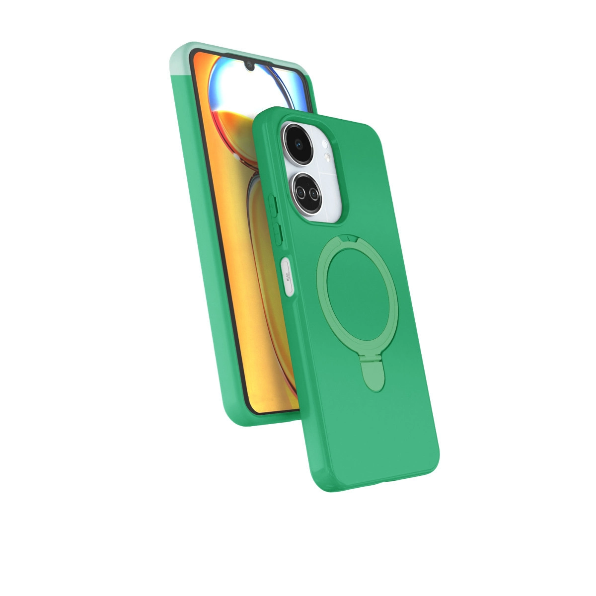 Yeşil telefon, kılıfı, kamerası ve halka tutucusuyla, beyaz arka plan.