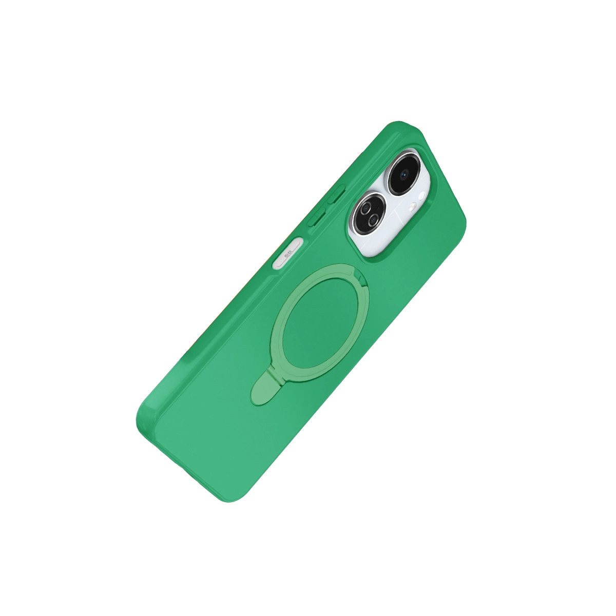 Arkada halka tutucu ve iki kamera lensi bulunan yeşil telefon kılıfı.