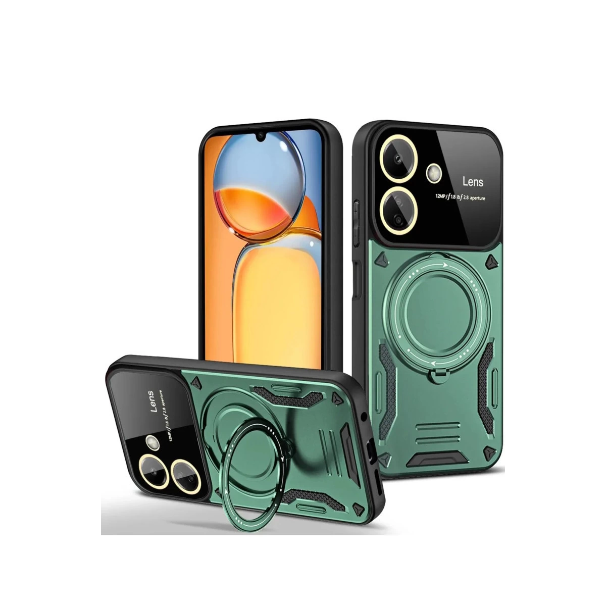 NEWFACE Xiaomi Redmi 13c Uyumlu Joy Lens Standlı Kapak Telefon Kılıfı Koyu Yeşil