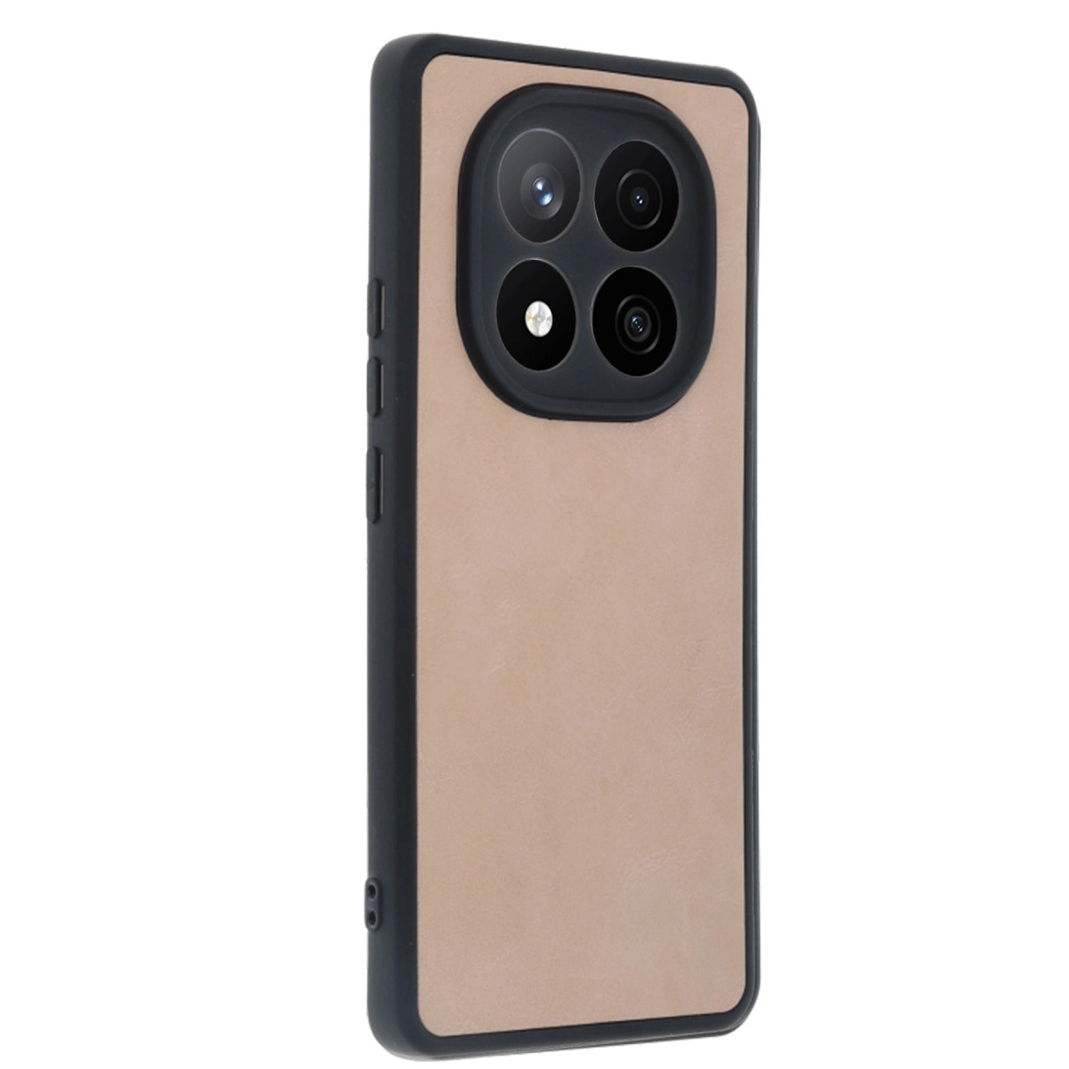 Dört kamera lensli, siyah çerçeveli bej telefon kılıfı.