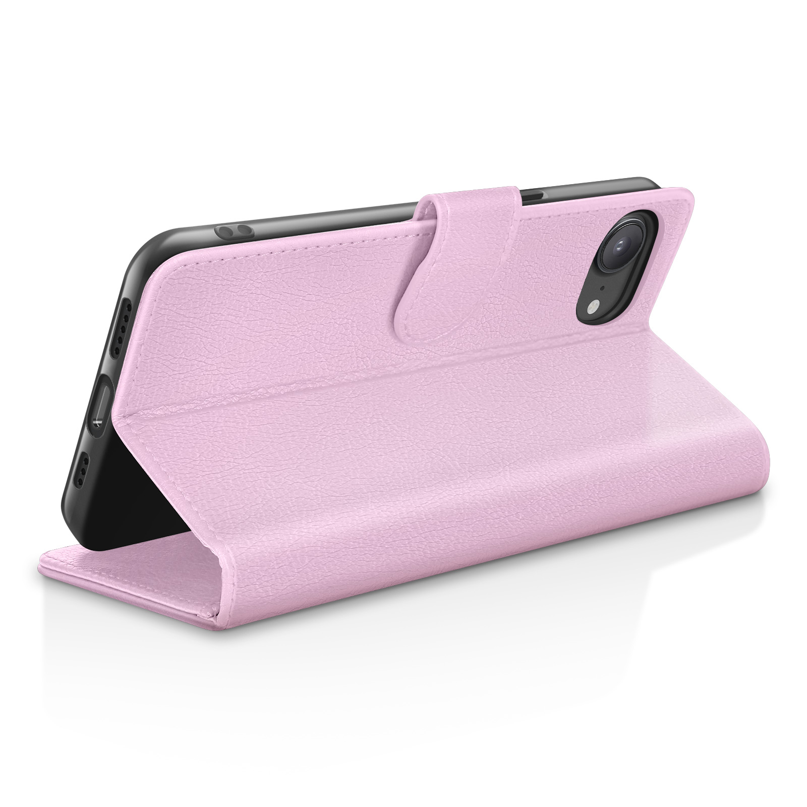 Un étui de téléphone rose pâle ouvert, montrant le téléphone.