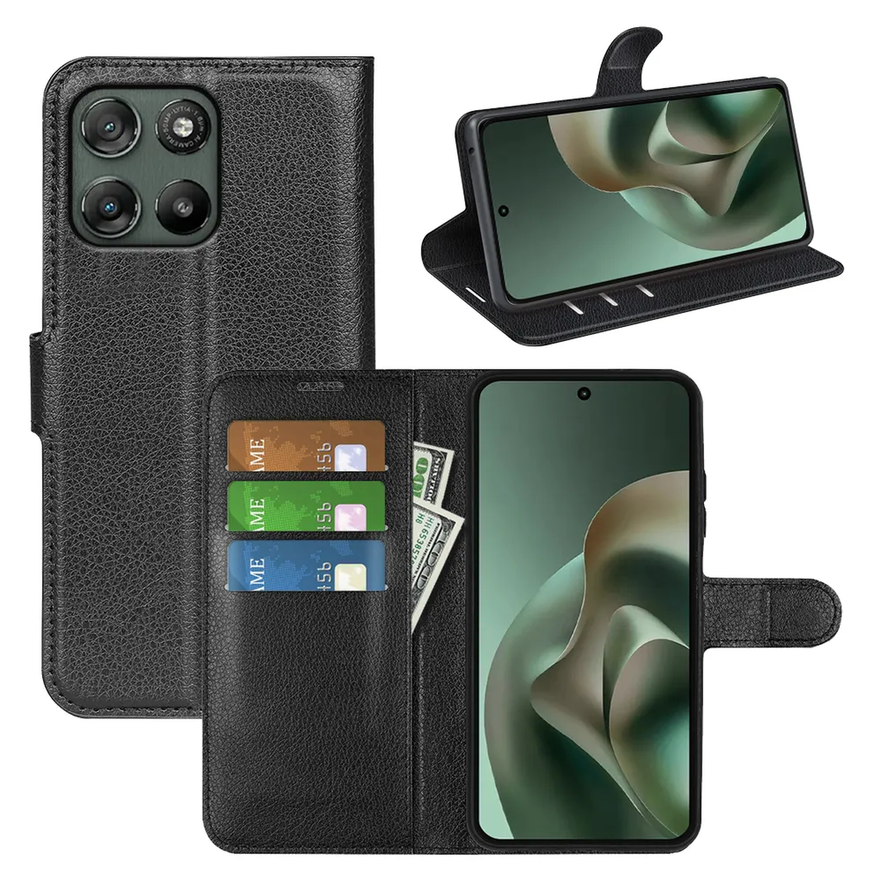 Étui portefeuille noir en cuir pour téléphone avec fentes pour cartes et argent.