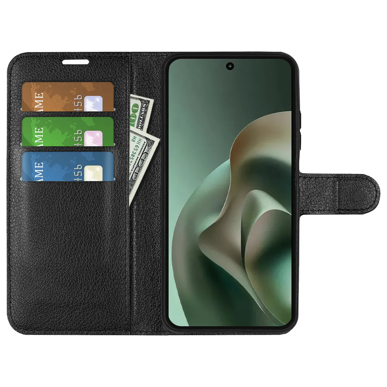 Étui portefeuille noir en cuir pour smartphone avec fentes pour cartes.
