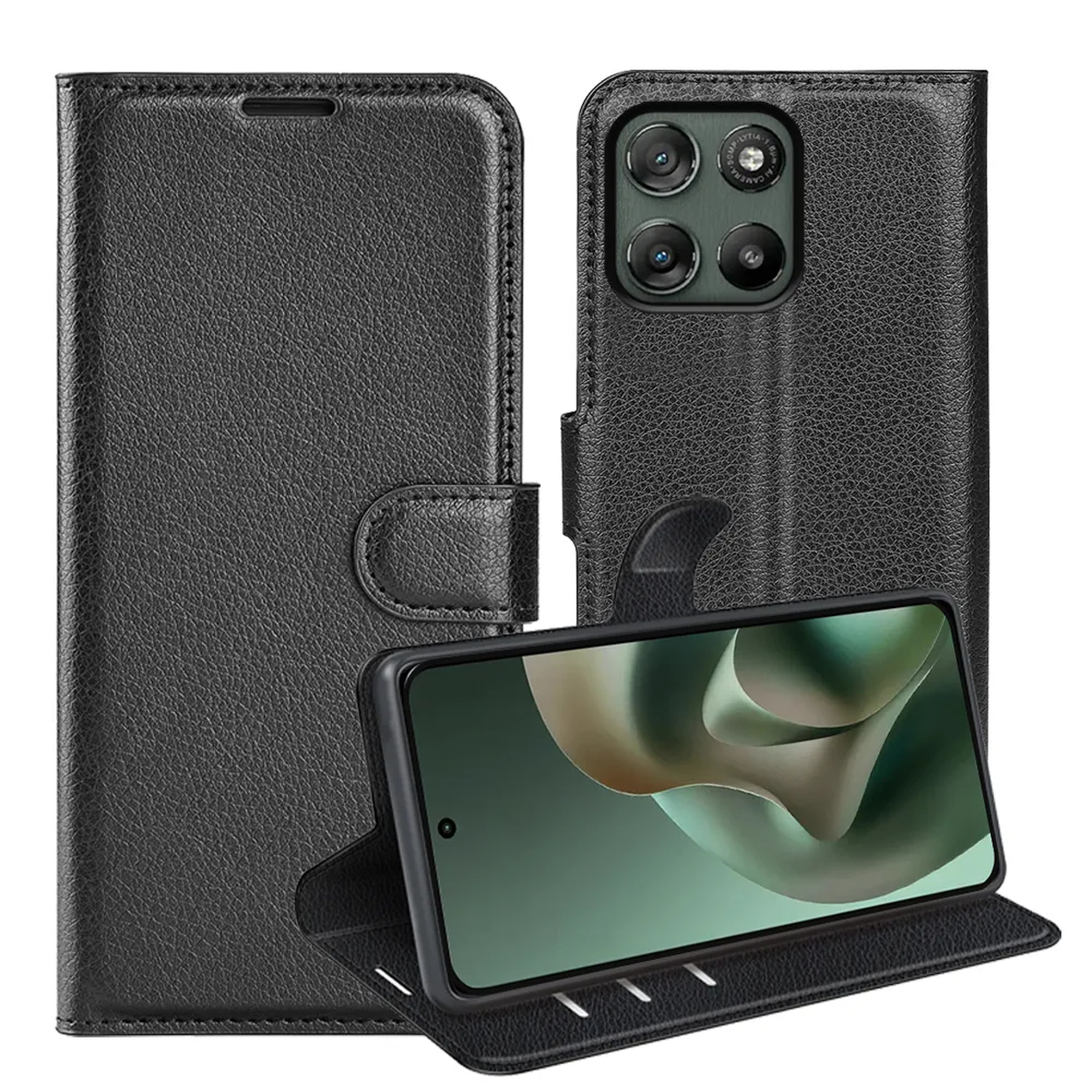 Étui de téléphone en cuir noir avec rabat ouvert et écran de téléphone.