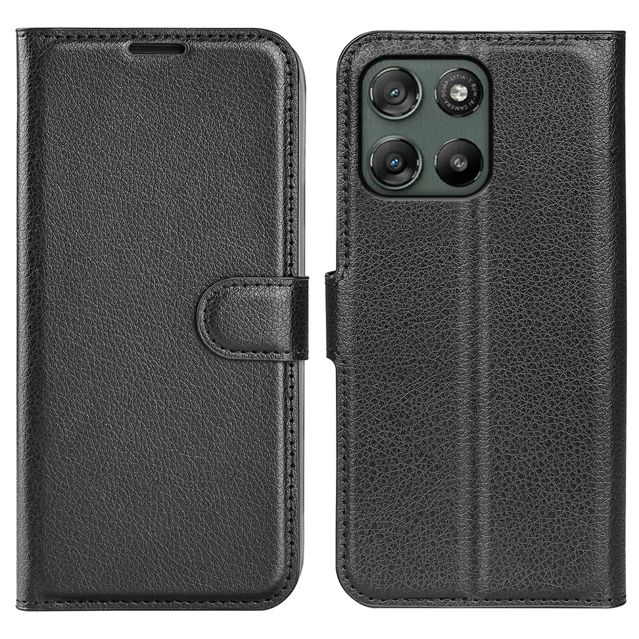 Étui en cuir noir pour téléphone, ouvert, montrant le bloc caméra.