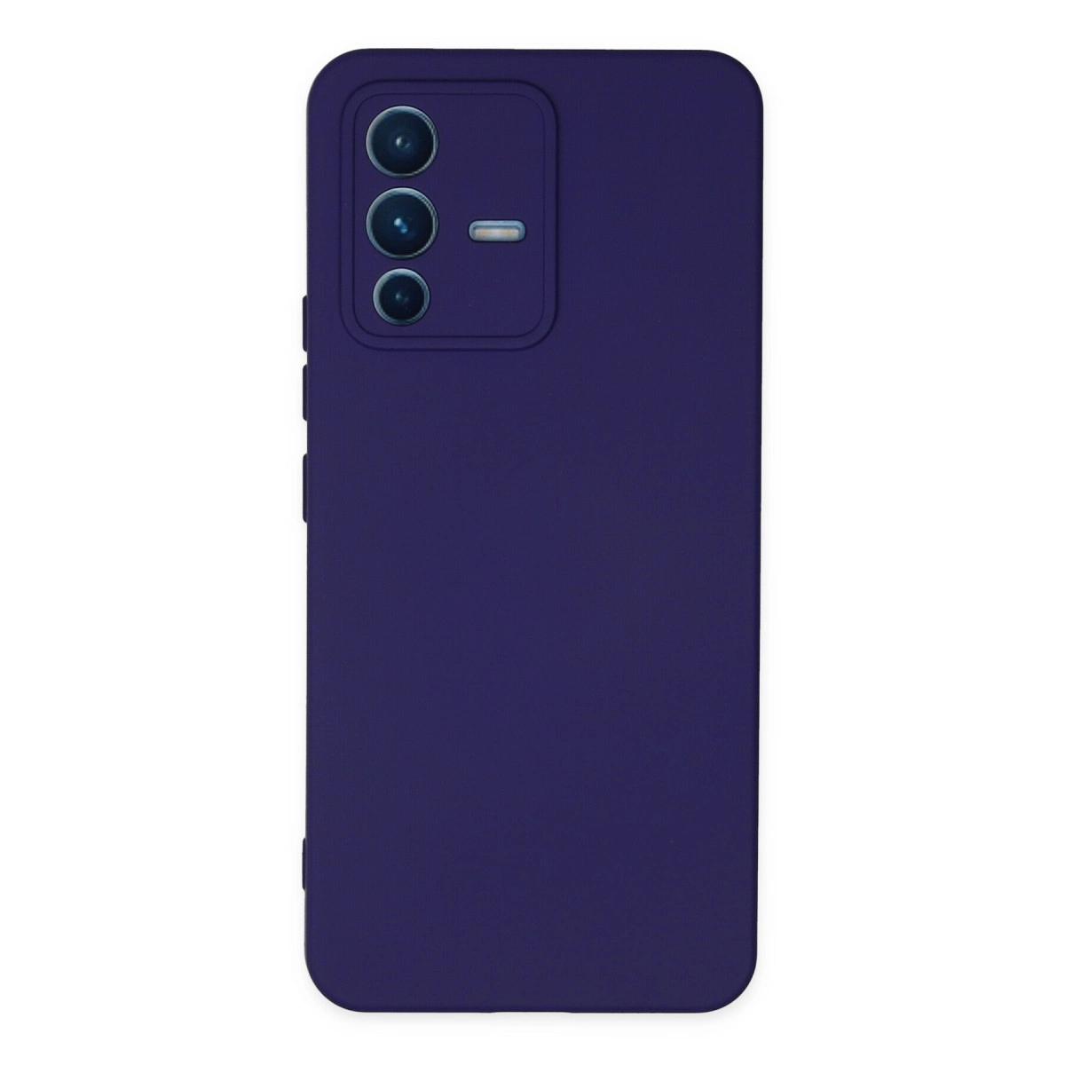Üçlü kamera ve flaşlı koyu mor telefon kılıfı.