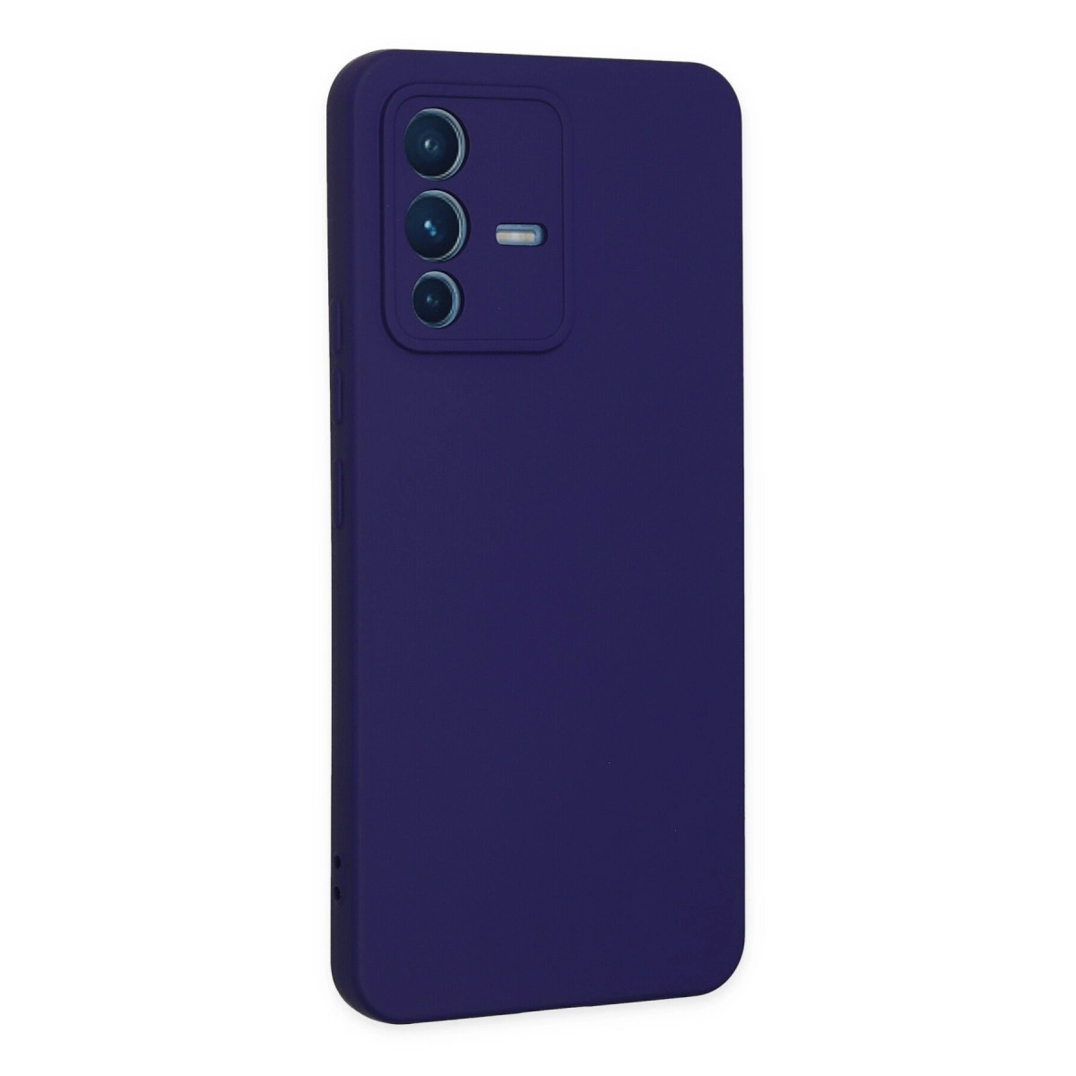 Üç kamera lensi ve flaşlı koyu mor telefon kılıfı.