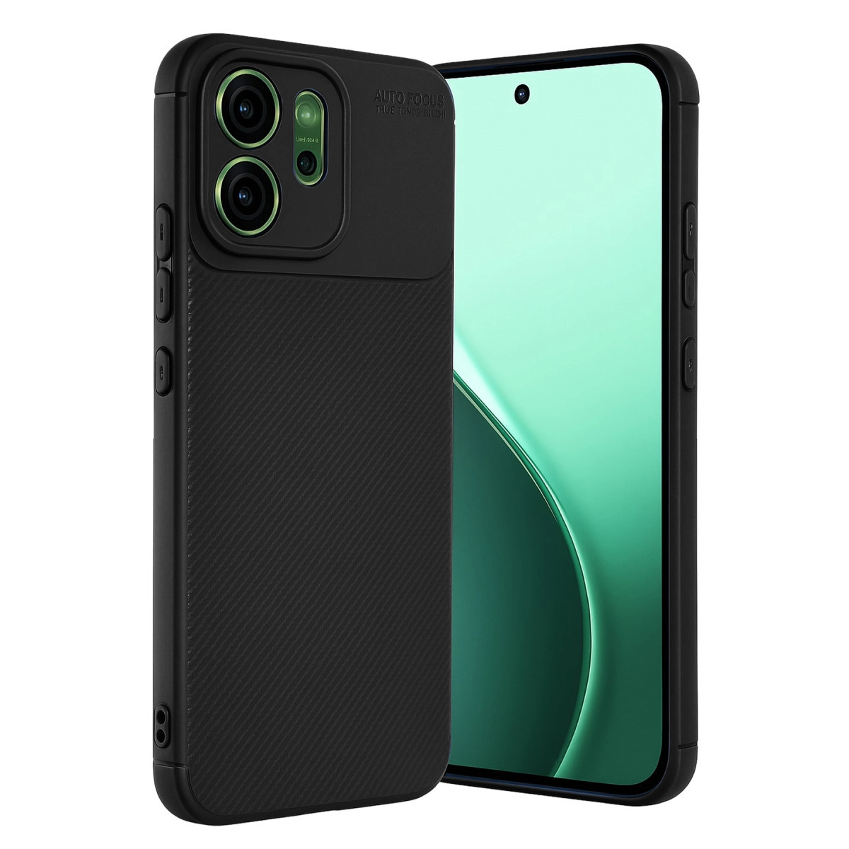 Karbon dokulu siyah telefon kılıfı, yeşil kamera çıkıntısı, yeşil akıllı telefon yanında.