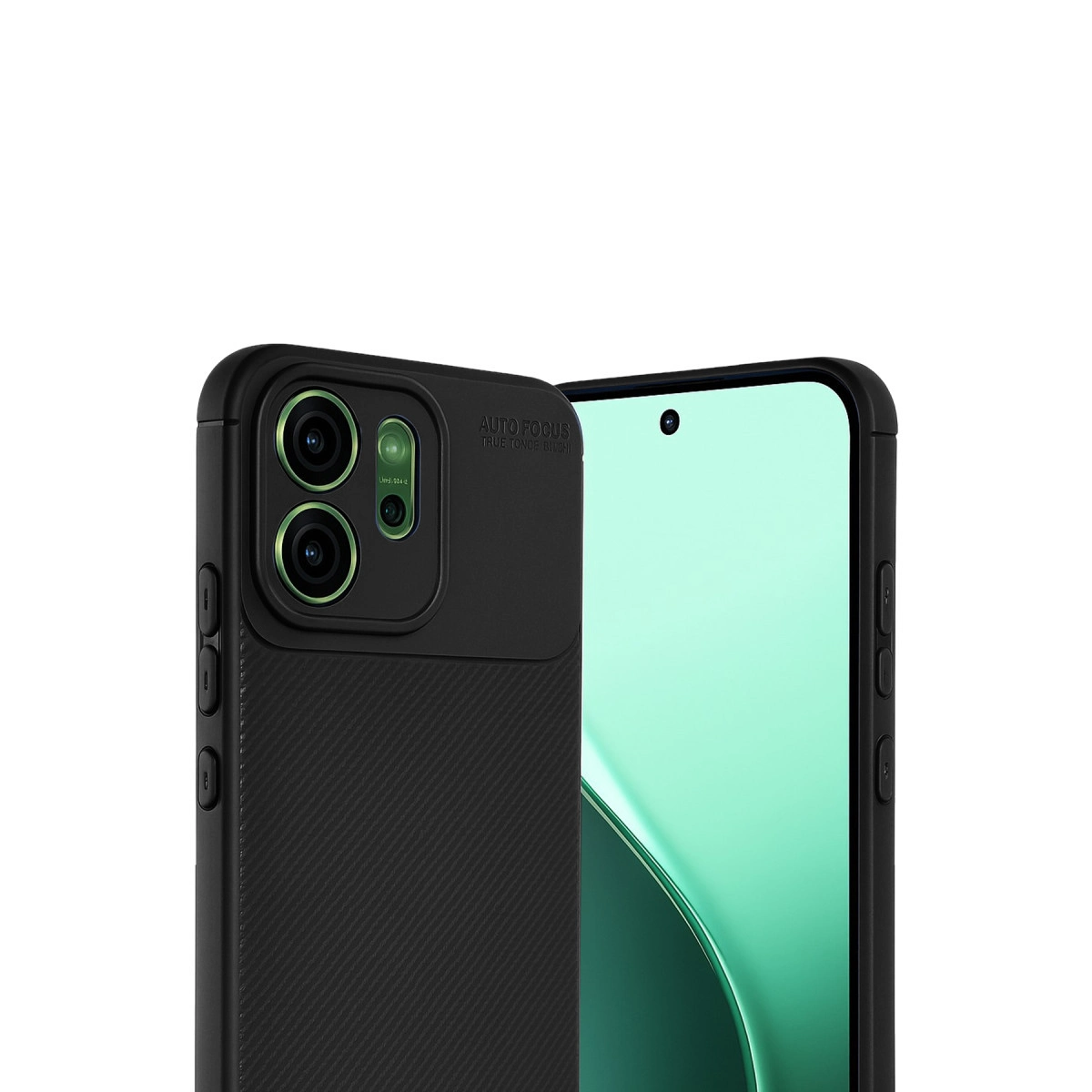 Kamera lensli ve parlak ekranlı siyah telefon.