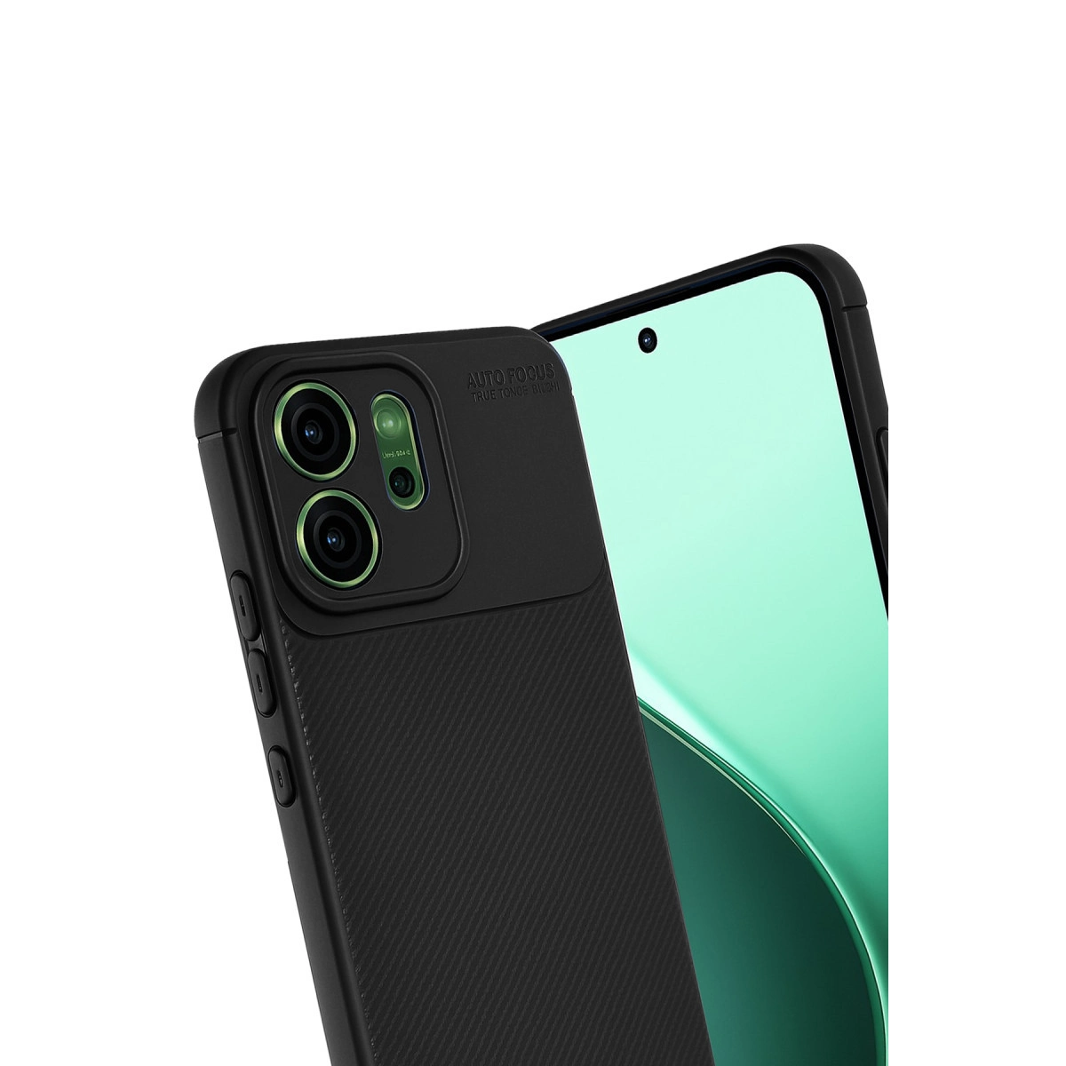 Doku kaplamalı siyah telefon kılıfı, kamera lenslerini ve açık yeşil ekranın bir kısmını gösteriyor.