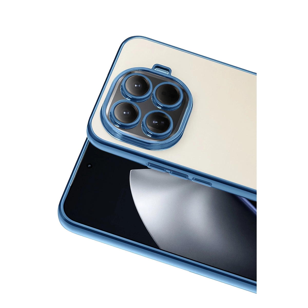Mavi telefon kılıfı dört kameralı bir akıllı telefonu korur.