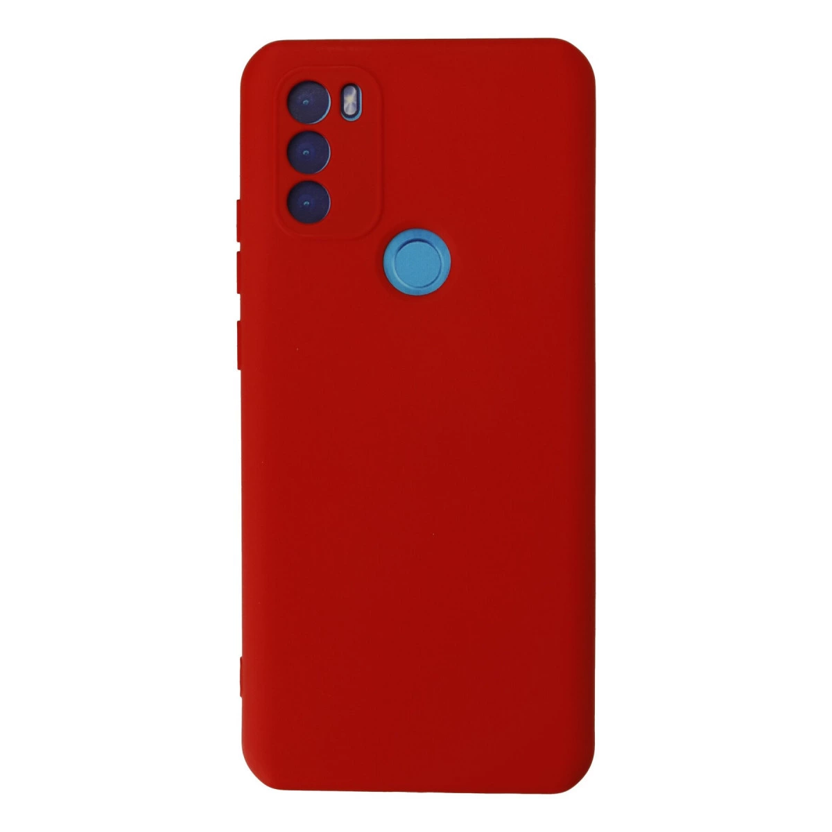 Üç kamera lensli ve mavi parmak izi sensörlü kırmızı telefon kılıfı.