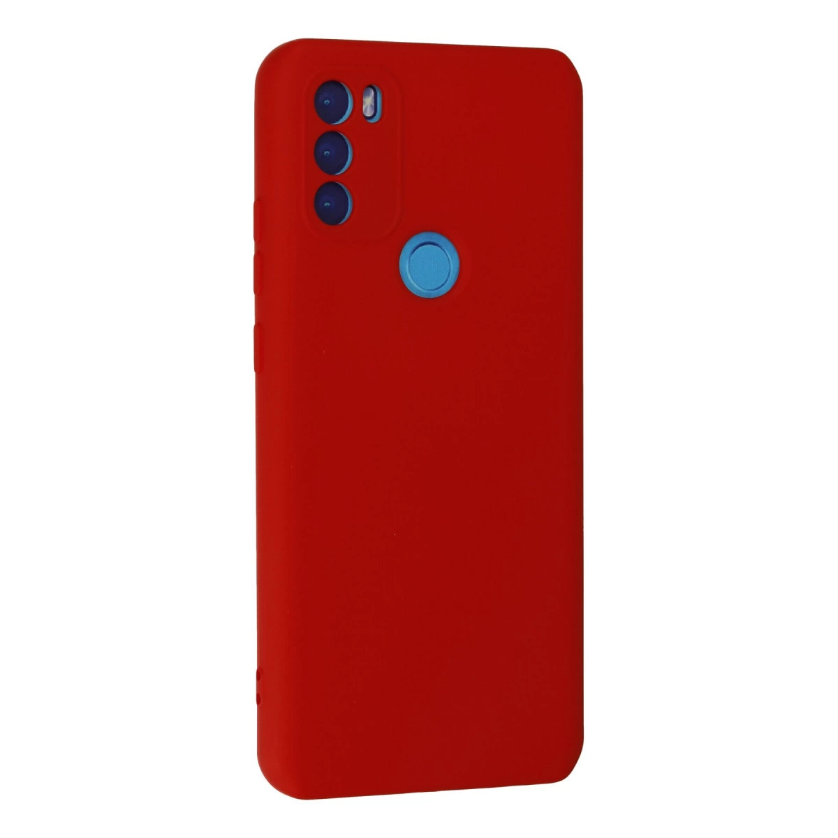 Üç kamera lensli ve mavi parmak izi sensörlü kırmızı telefon kılıfı.