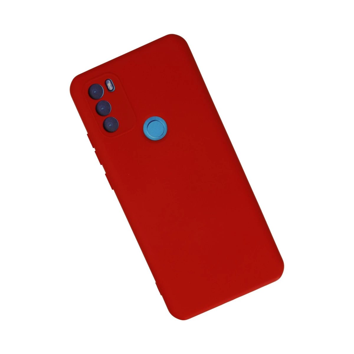 Mavi kamera ve parmak izi sensörlü kırmızı akıllı telefon, beyaz arka plan üzerinde.