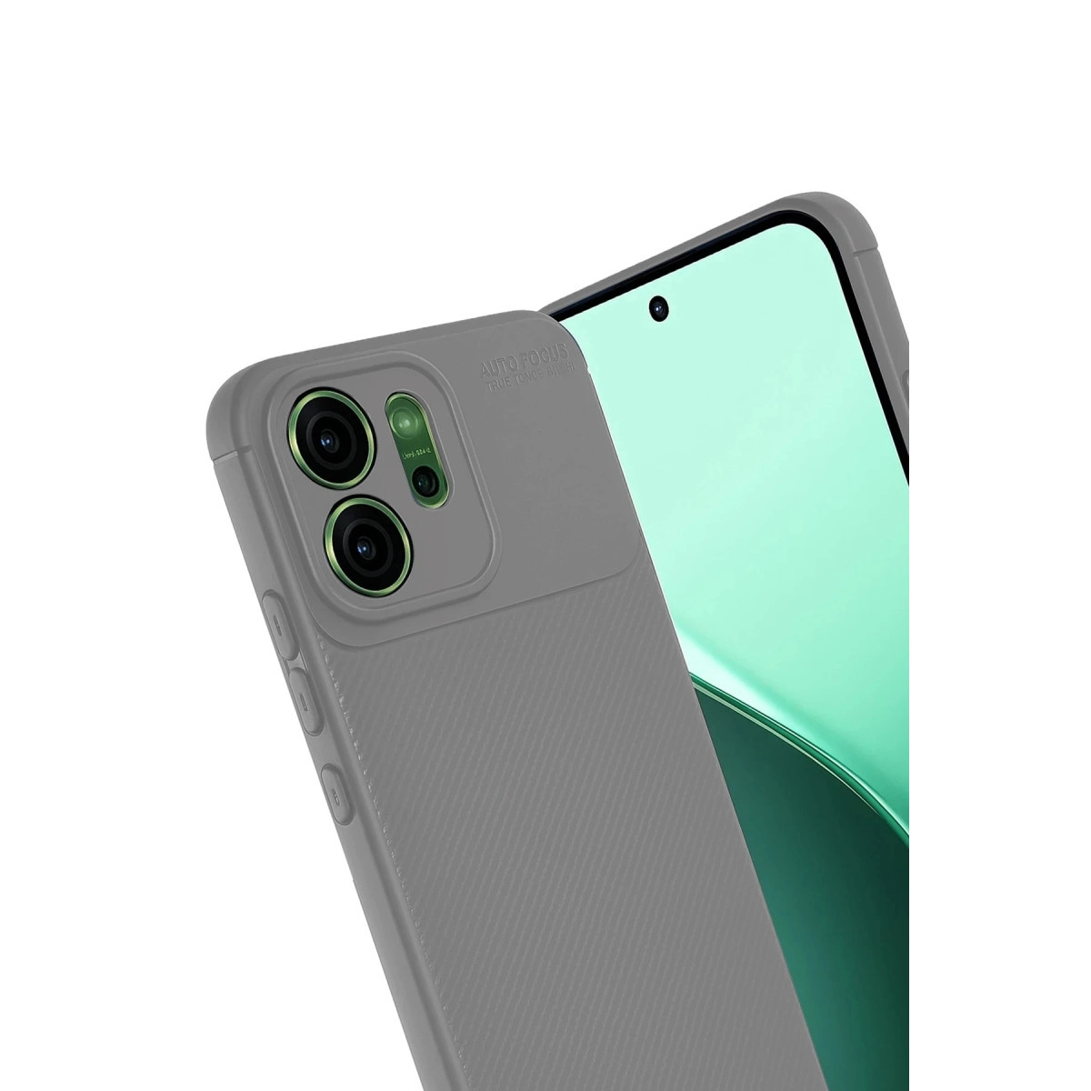 Kamera oyuntulu gri telefon kılıfı ve turkuaz ekranın bir kısmı.