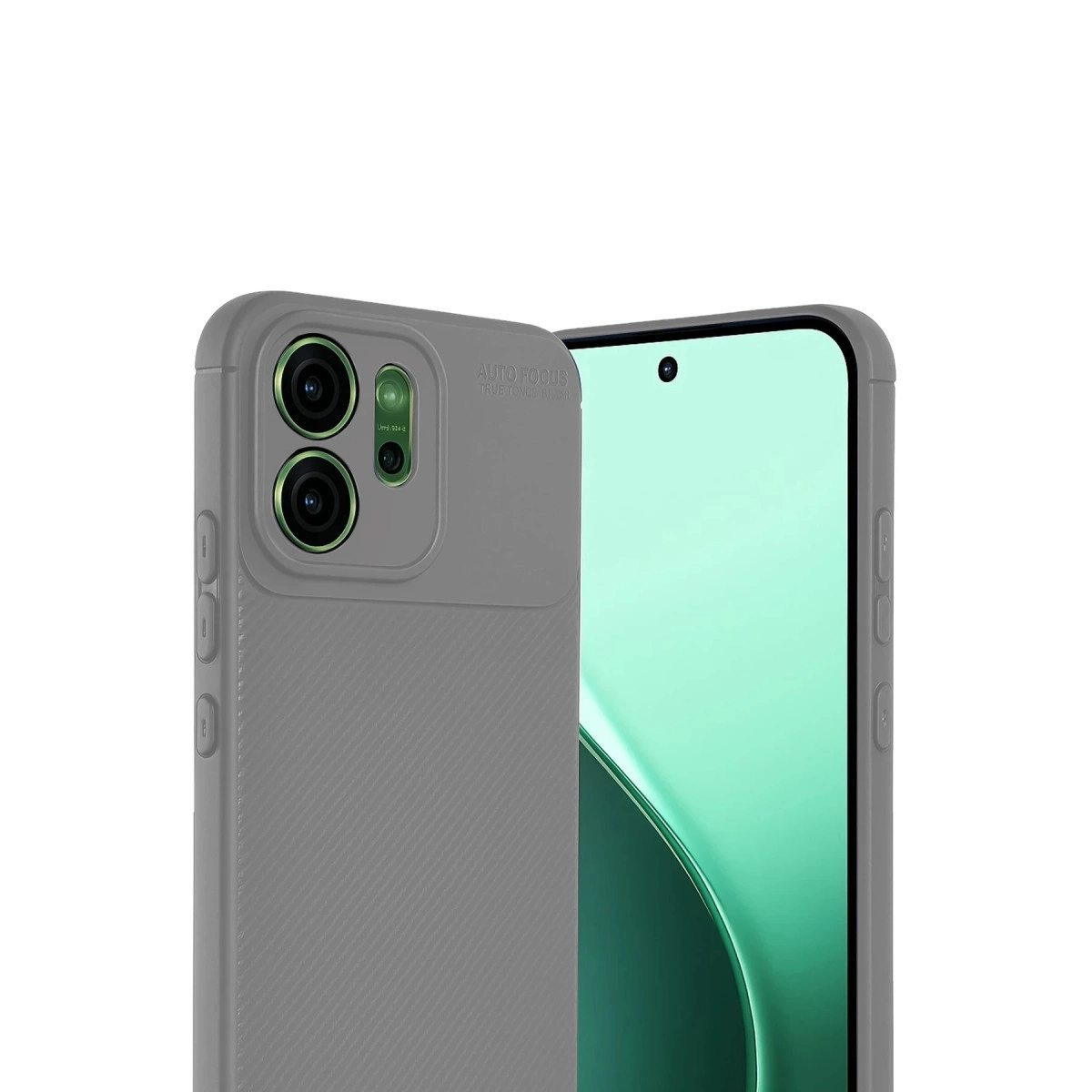 Kamera modüllü gri telefon kılıfı ve yeşil arka planlı ekran kısmı.