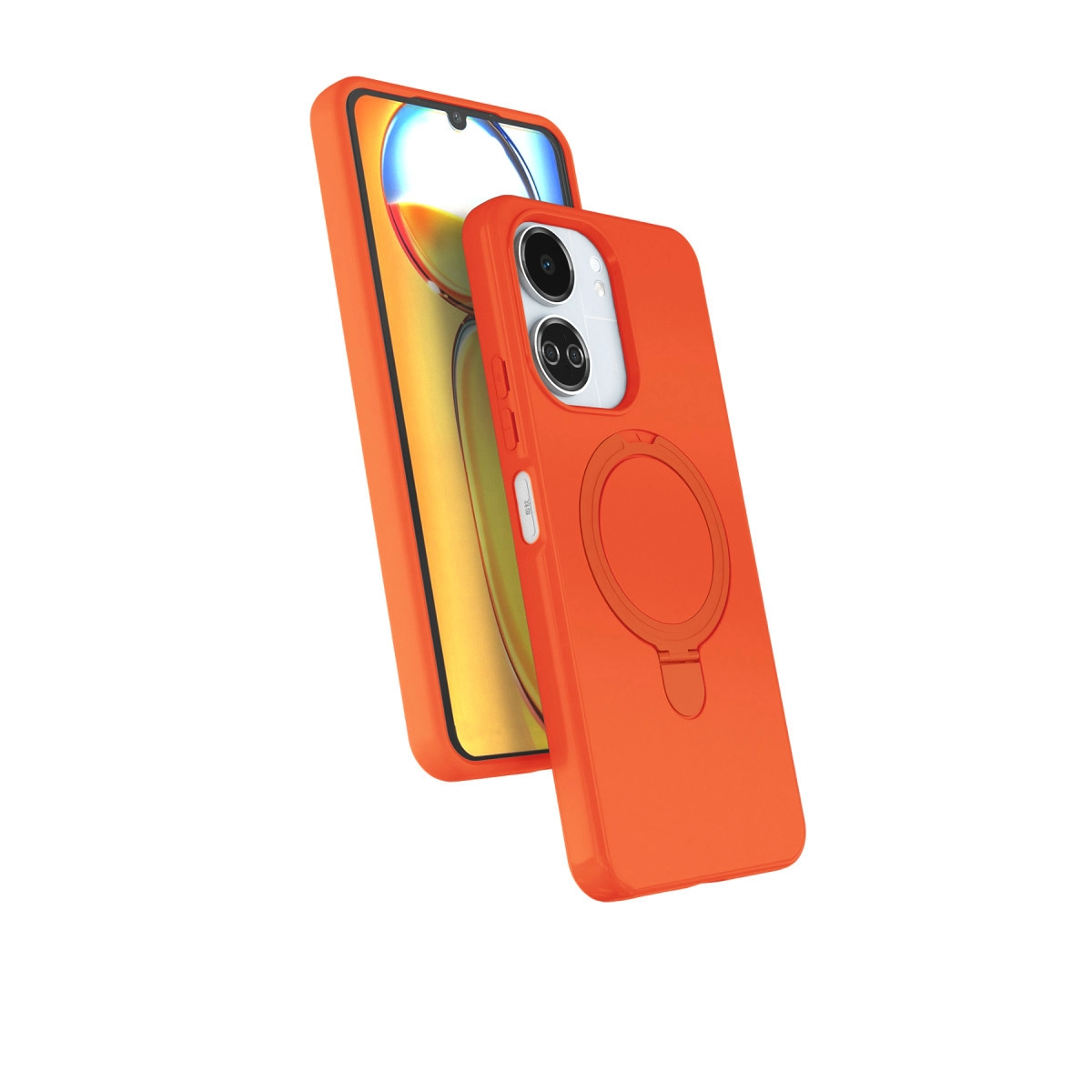 Turuncu telefon, kılıf ve halka tutuculu. Beyaz arka plan.