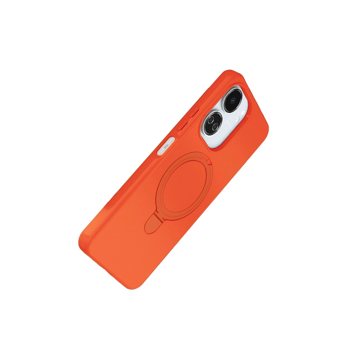 Arkada yuvarlak manyetik halkalı turuncu telefon kılıfı. Çift kamera görünüyor.