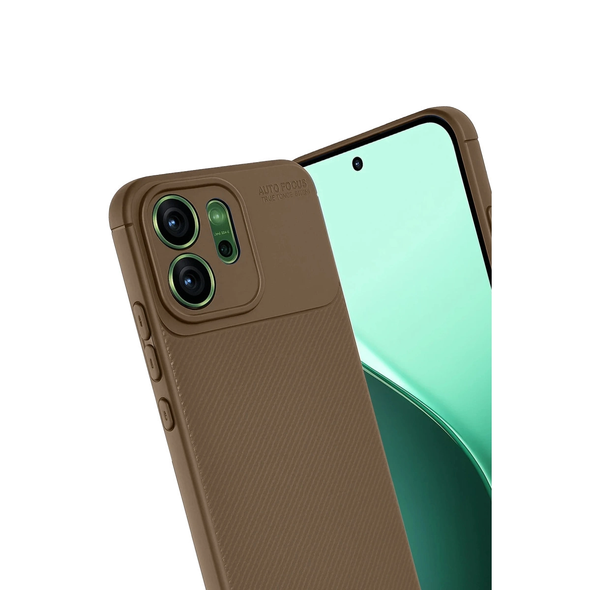 Kamera lensli ve mavi ekranlı kahverengi telefon kılıfı
