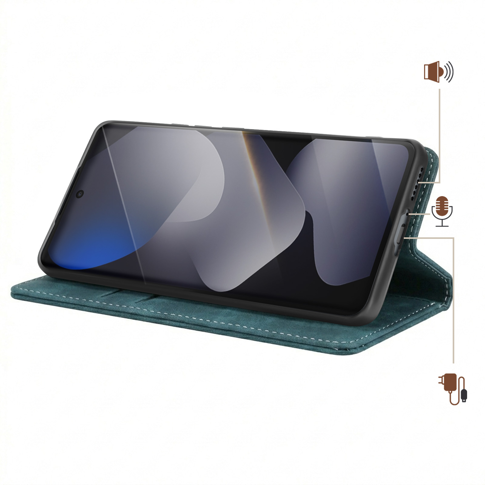 Ein Smartphone in einem tealfarbenen Lederetui mit weißen Nähten.