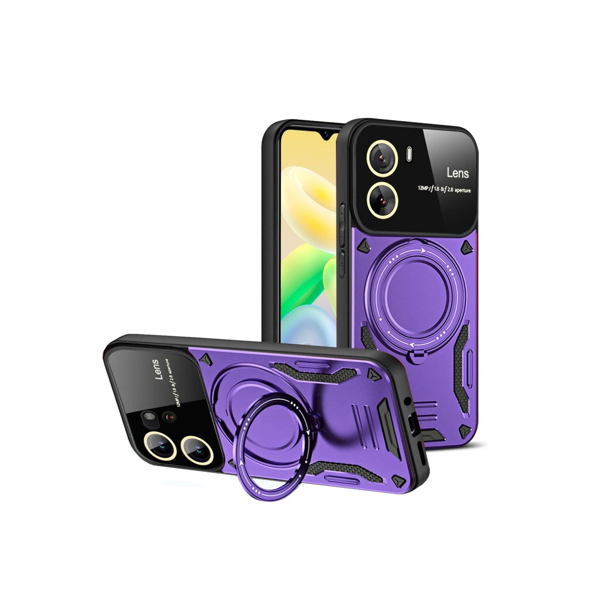 Halka tutuculu ve lens baskılı mor telefon kılıfı.