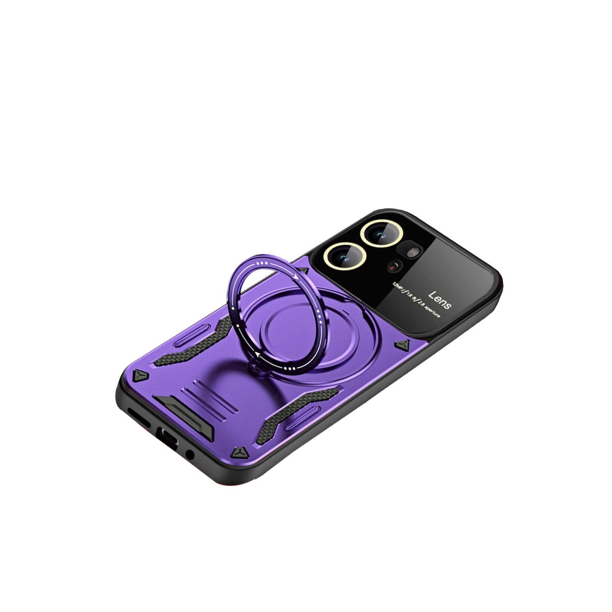 Halka tutuculu ve kamera bloklu mor telefon kılıfı.