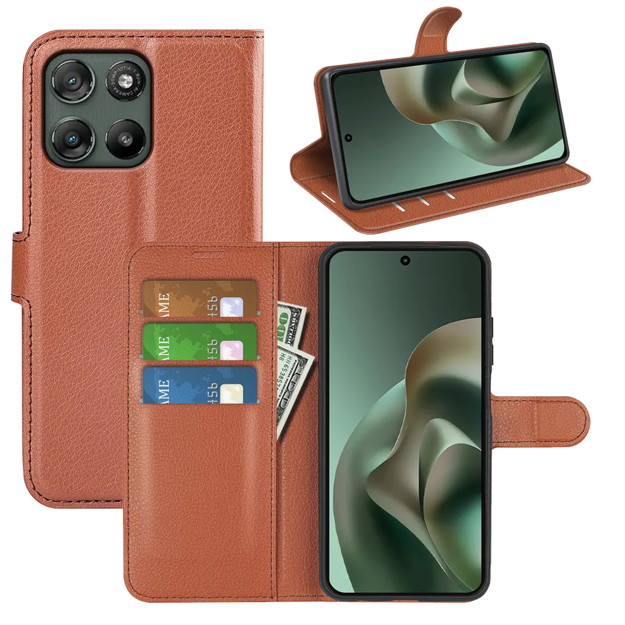 Bruine leren flipcase met telefoon, kaartsleuven en contant geld.