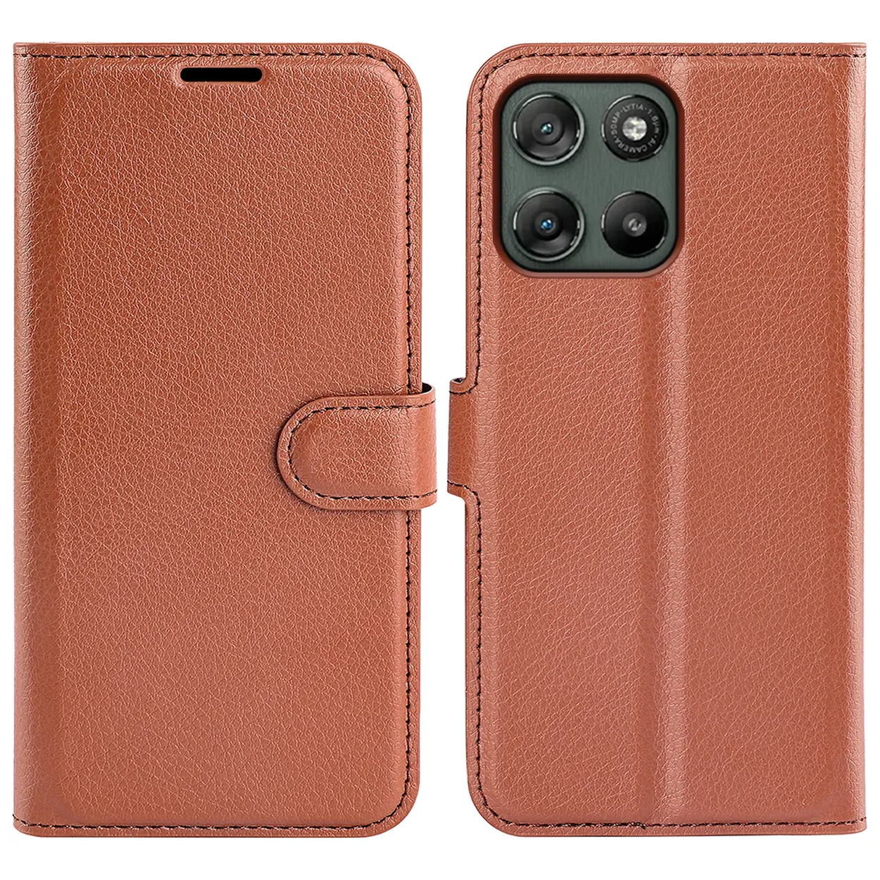Bruine leren portemonnee telefoonhoes met camera-uitsparing en magneetsluiting.