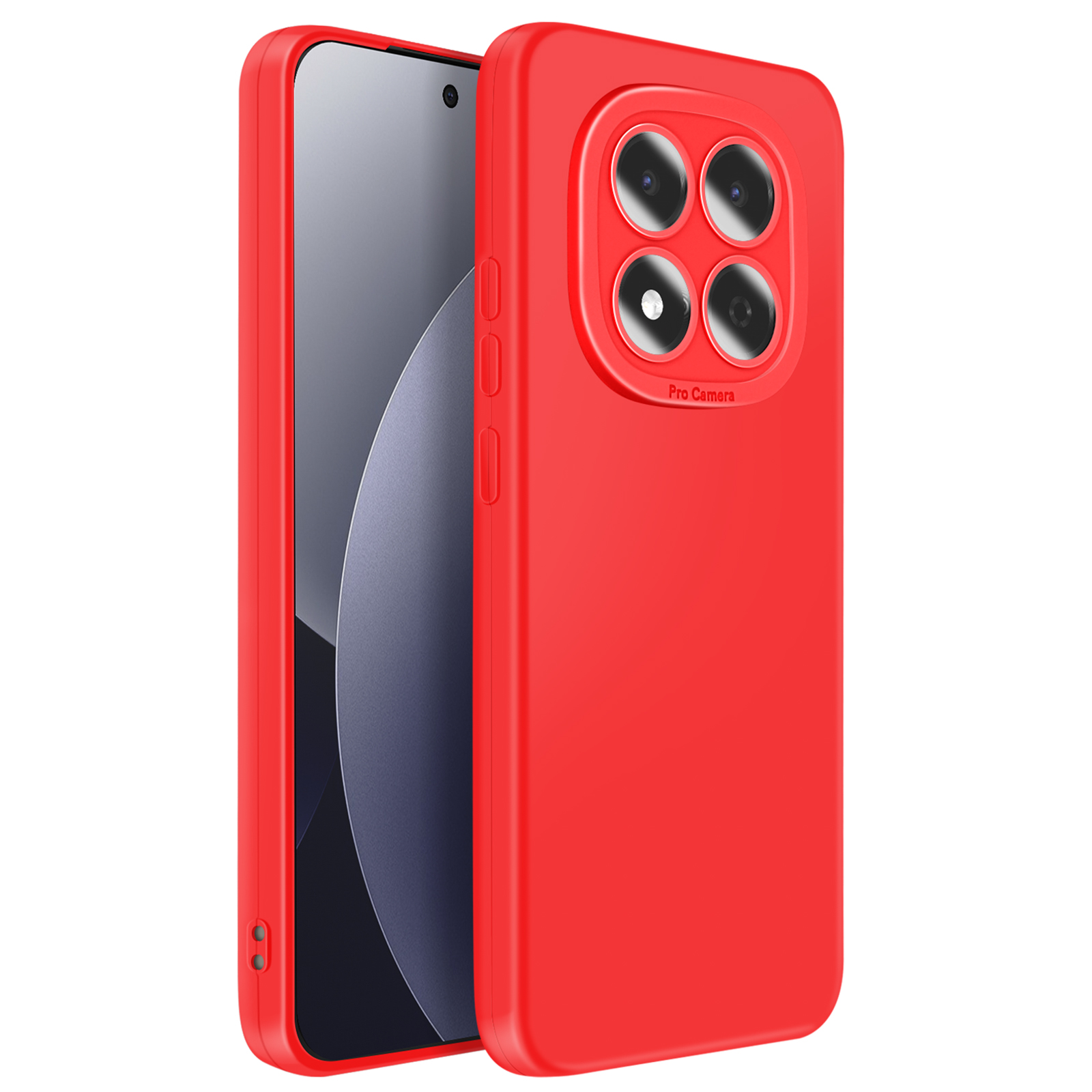 Coque de téléphone rouge avec quatre objectifs et inscription 'Pro Camera'.