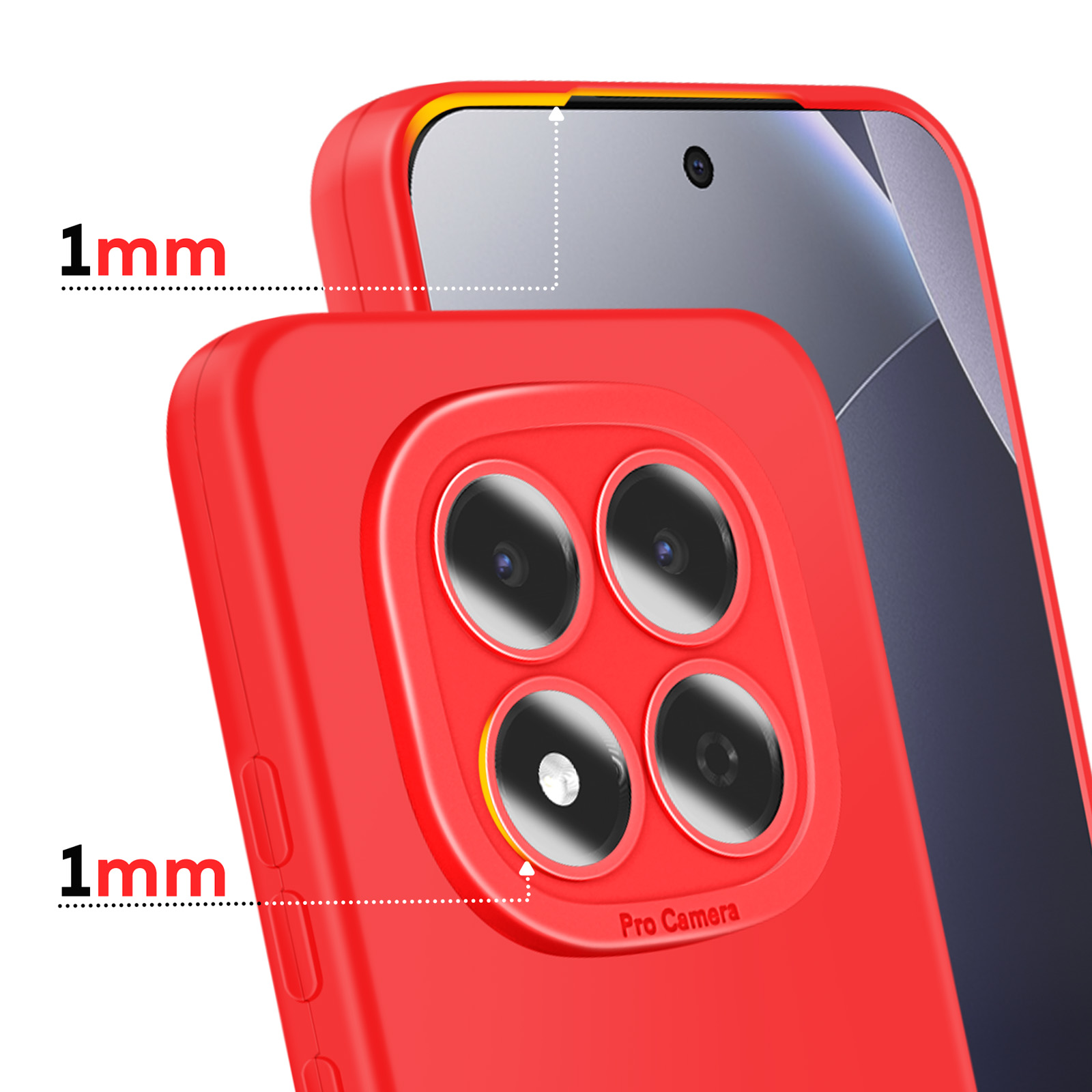 Coque de téléphone rouge avec bords surélevés de 1 mm autour de quatre caméras et de l'écran.