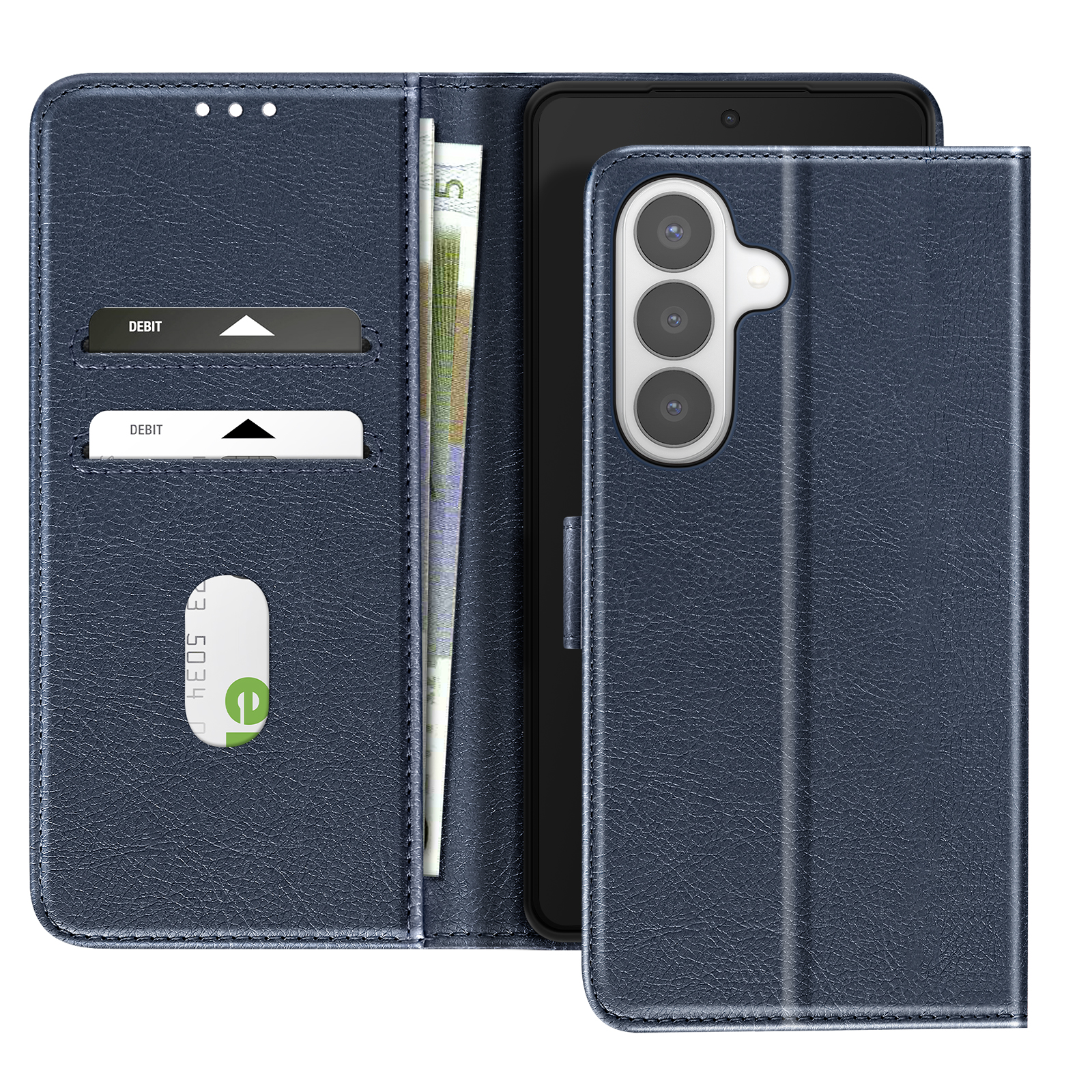 Custodia blu scuro per telefono con slot per carte.