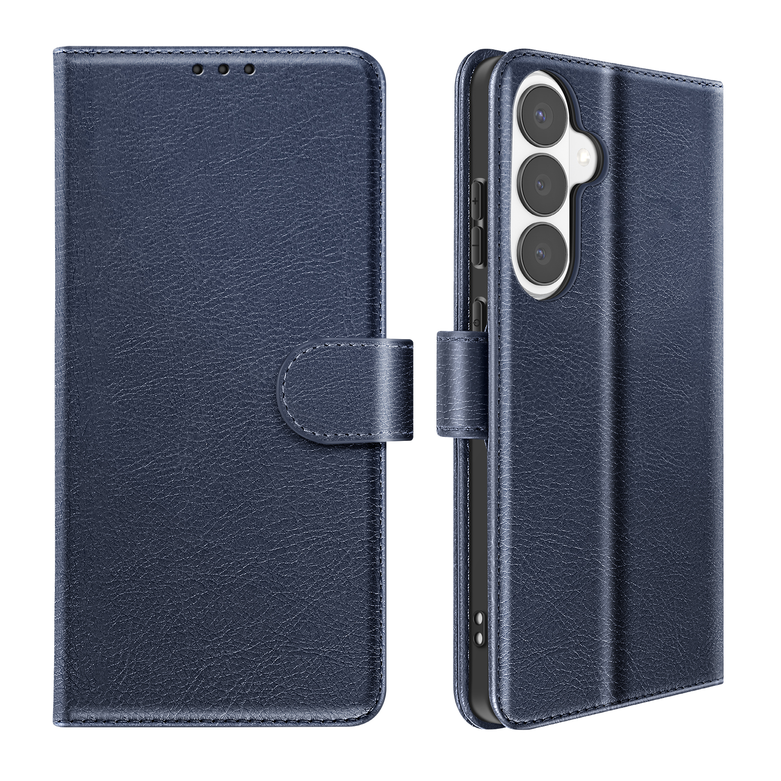 Custodia per telefono blu scuro stile portafoglio con ispezione fotocamera.