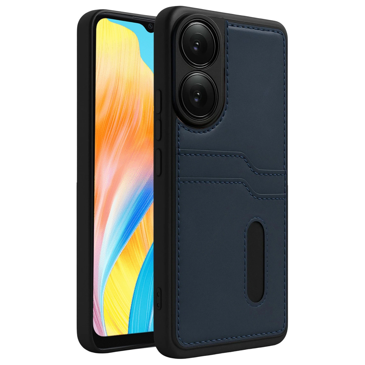 Koyu mavi telefon kılıfı kart yuvaları ve iki kamera lensi ile. Ekran renkli arka plan gösteriyor.