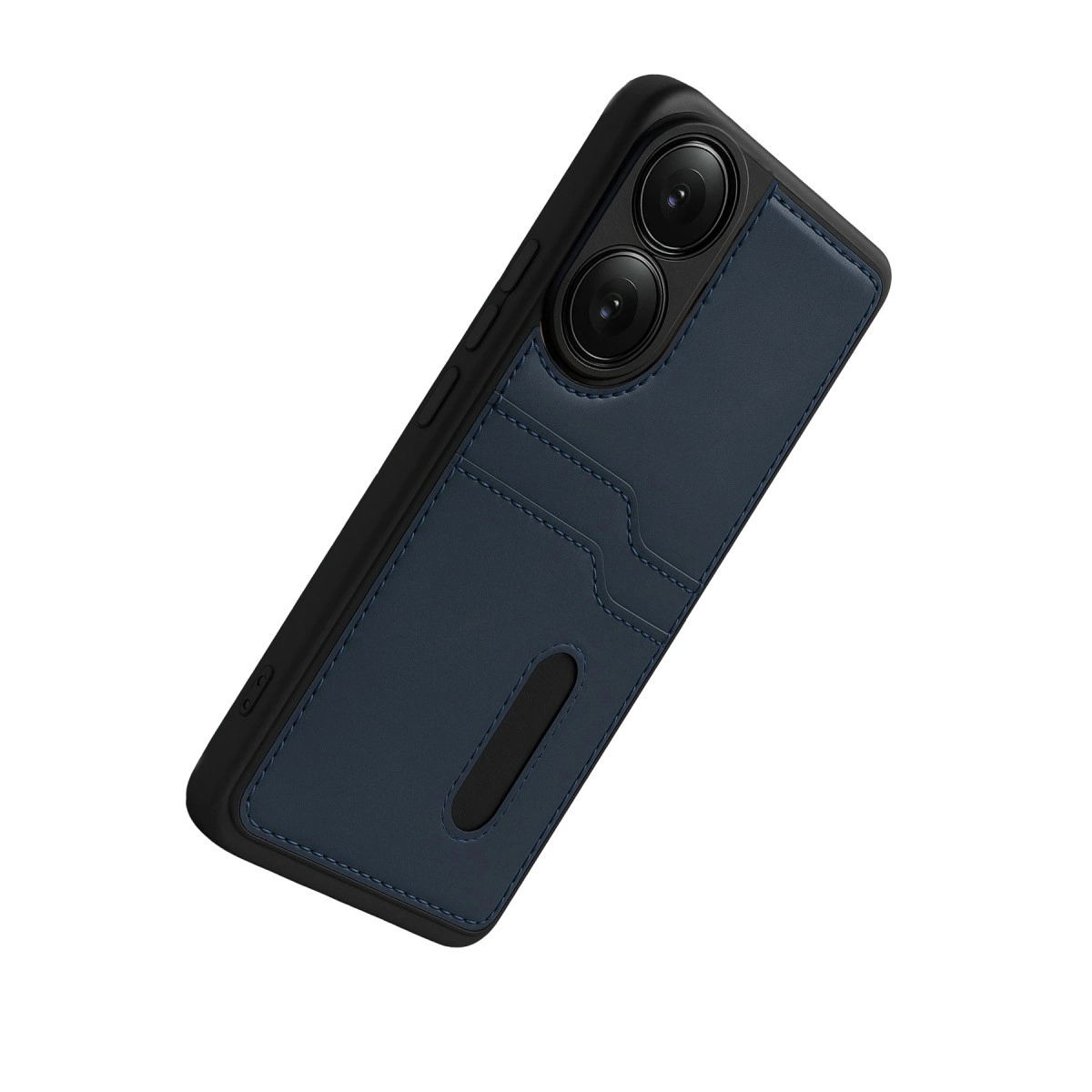 Koyu mavi telefon kılıfı, kart yuvaları ve beyaz arka planda çift kamera kesimi.