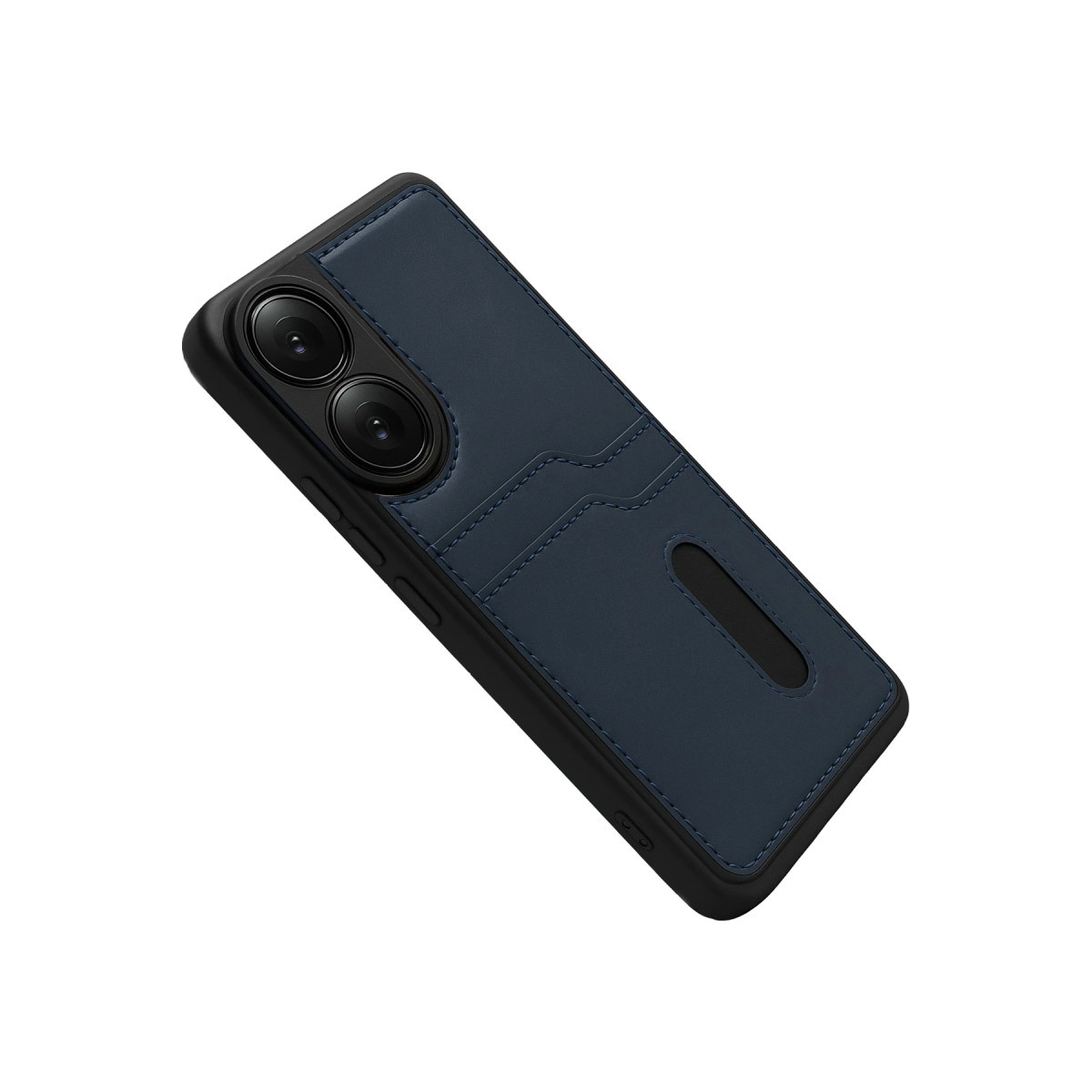 Kart yuvalı ve iki kamera lensli lacivert telefon kılıfı.