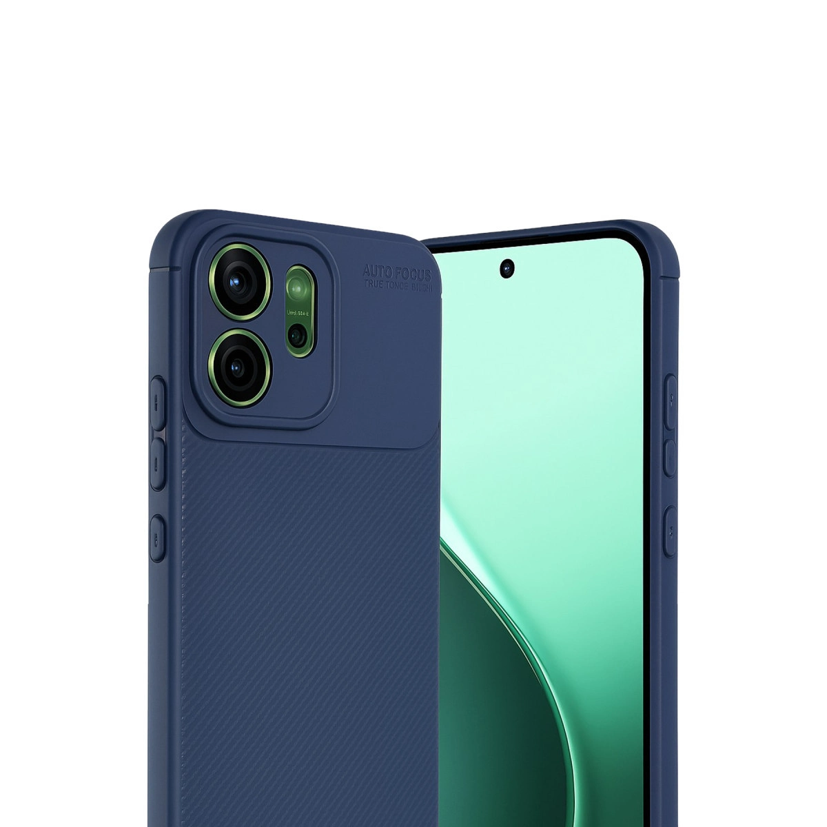Kamera oyuntulu lacivert telefon kılıfı ve yanında telefon.