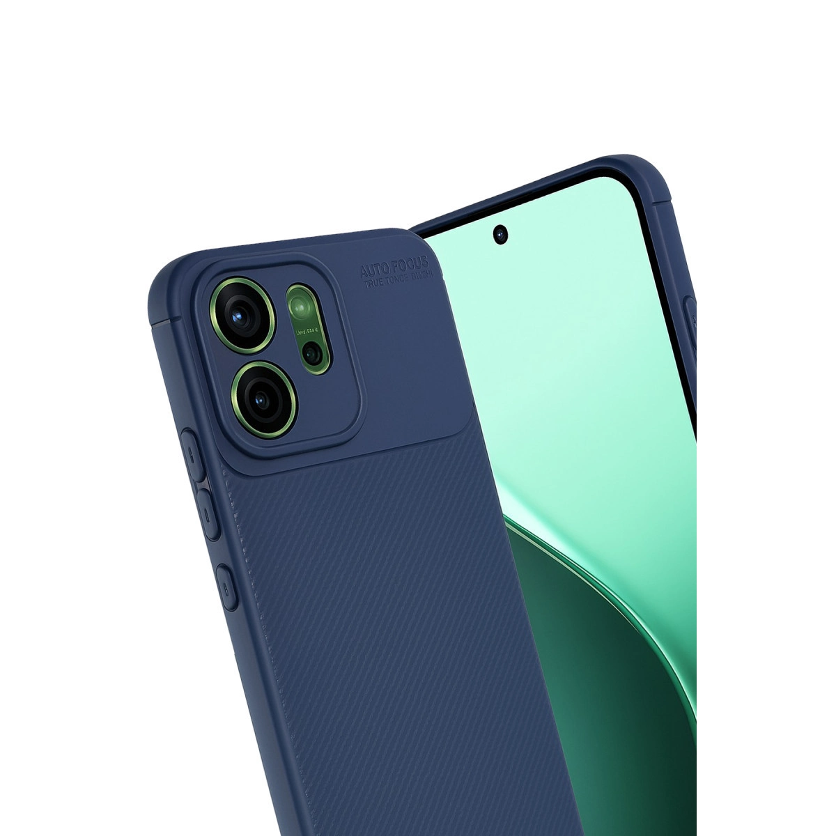 Kamera modülü ve açık yeşil ekrana sahip lacivert telefon kılıfı.