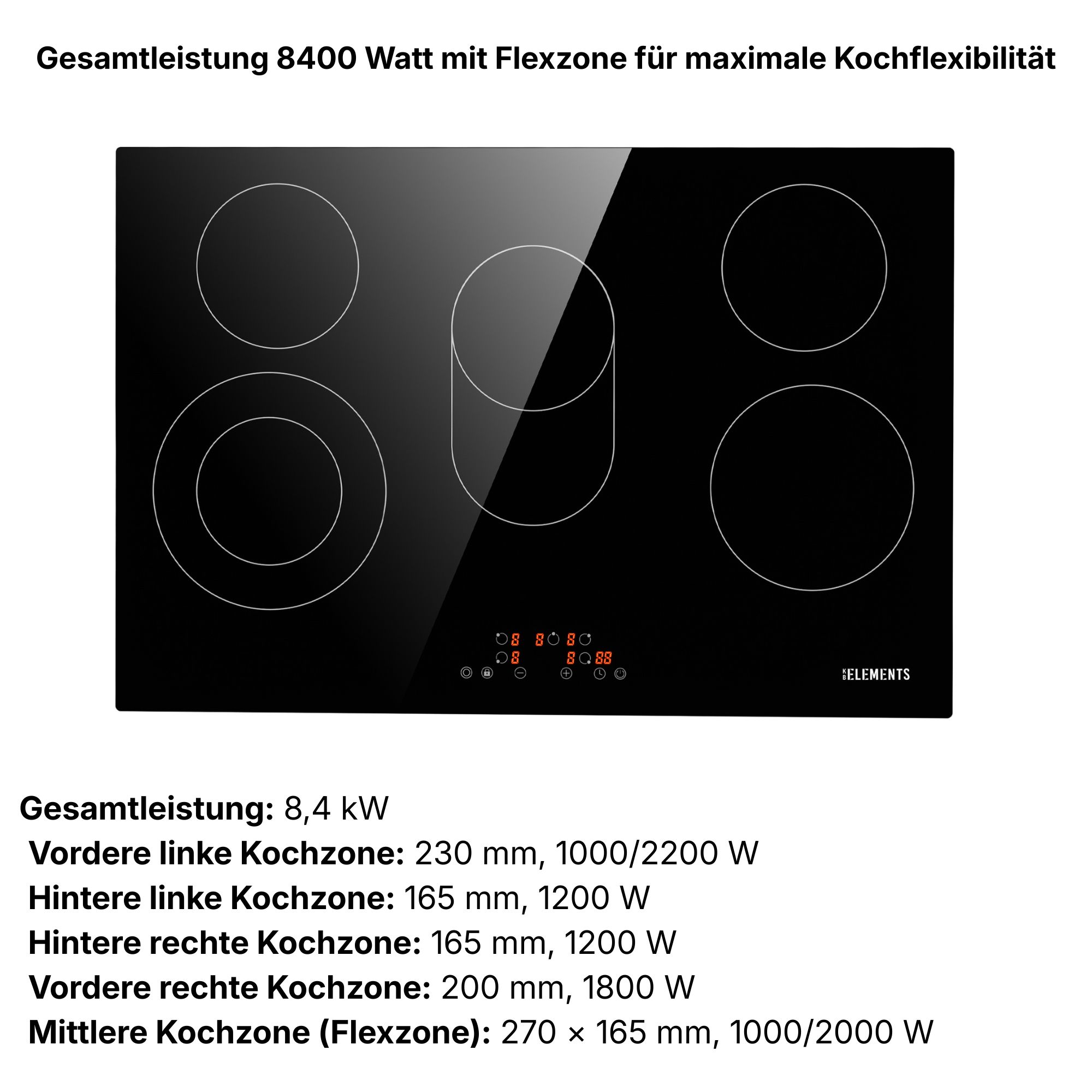 Schwarzes Induktionskochfeld mit fünf Kochzonen und digitaler Steuerung.
