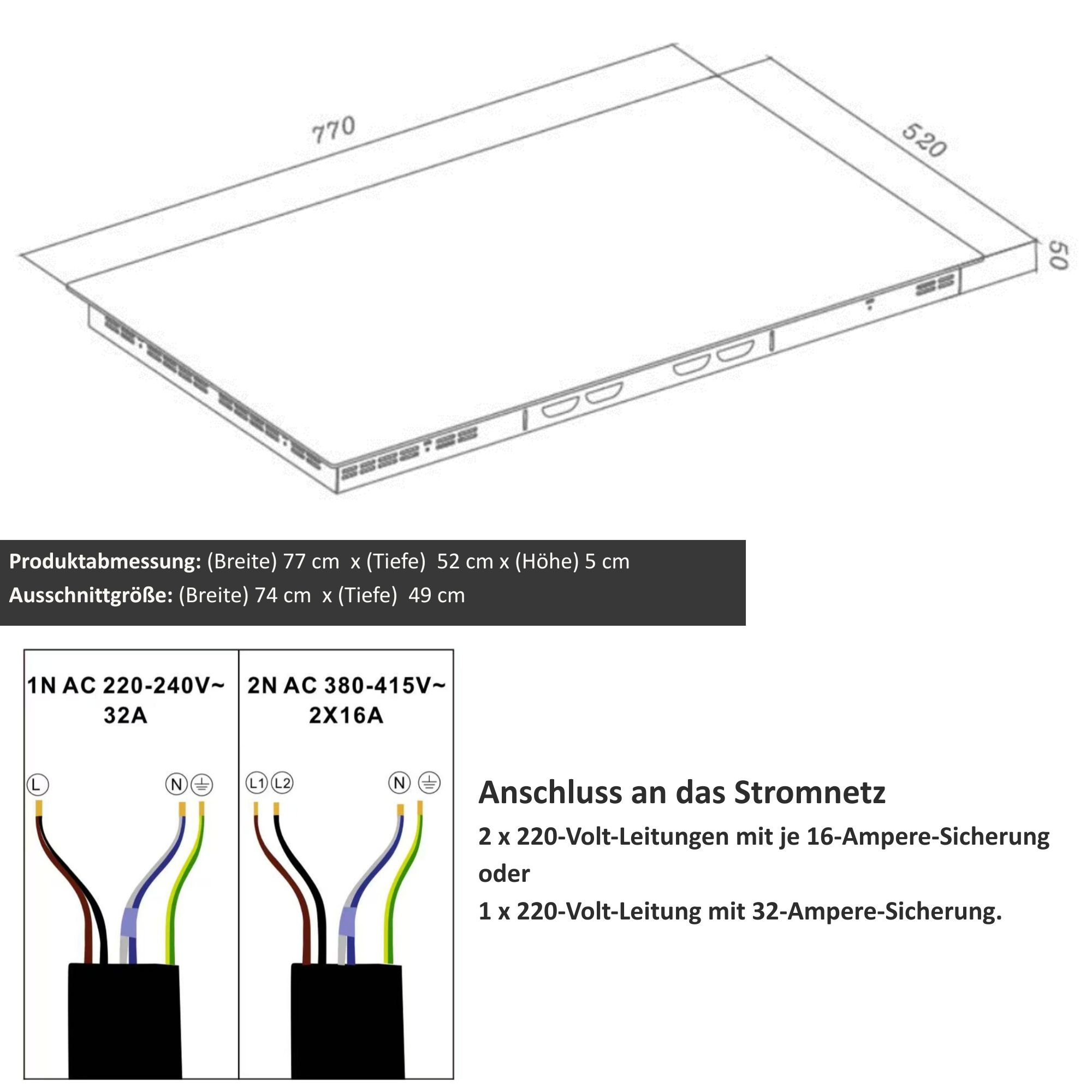 Technische Zeichnung eines Kochfelds mit Maßen und Anschlussschema.