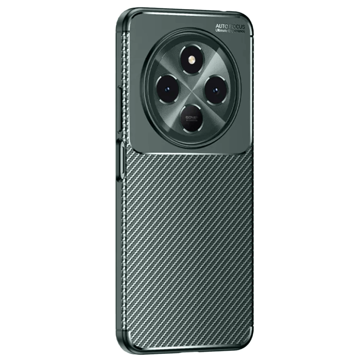 Karbon fiber dokulu, yuvarlak kameralı koyu gri telefon kılıfı.