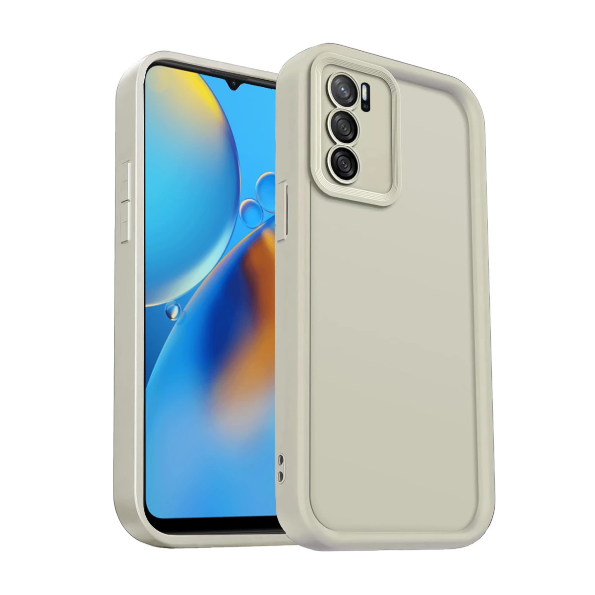 Üçlü kameraya ve mavi ekrana sahip açık bej telefon kılıfı.