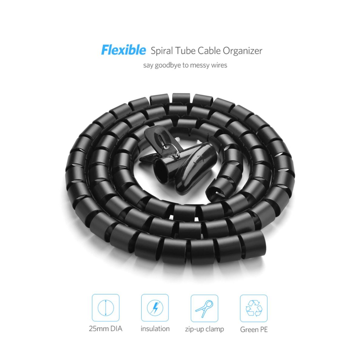 Czarny spiralny organizer kabli z zaciskiem, średnica 25 mm.