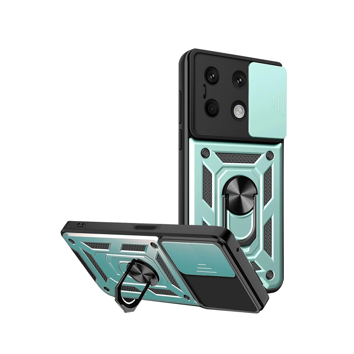 Kameralı ve halka tutuculu nane yeşili telefon kılıfı.