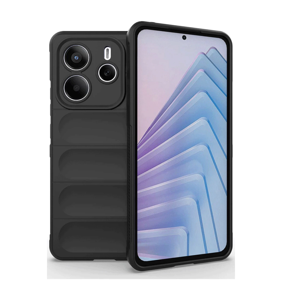 Üç kameralı siyah telefon kılıfı ve ekranda renkli soyut duvar kağıdı.