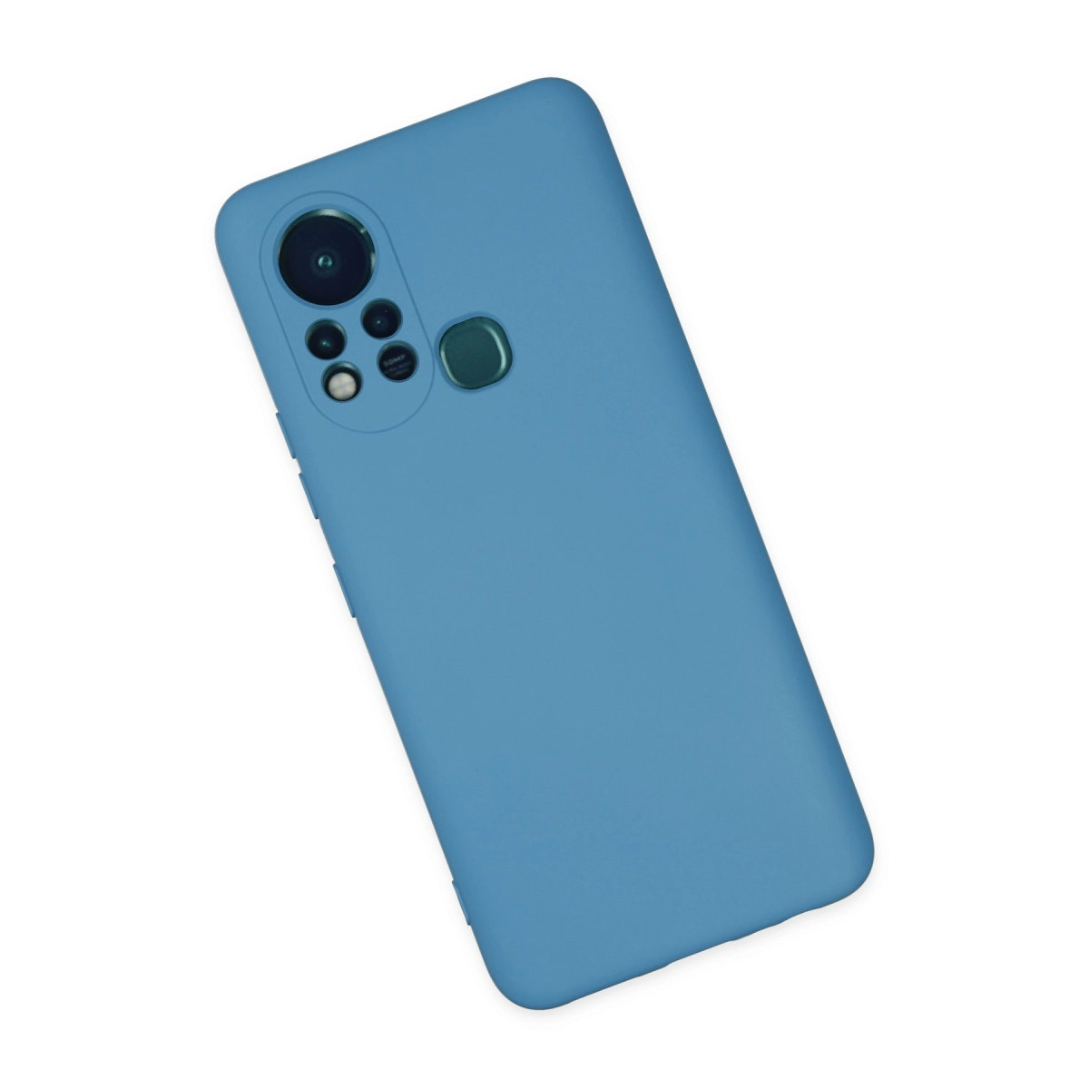 Kamera modülü ve parmak izi sensörlü mavi telefon kılıfı.